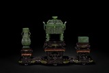 A SET OF THREE GREEN JADE CENSER, VASE AND BOX