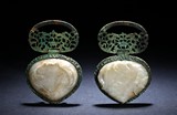 A PAIR OF BRONZE AND WHITE JADE PLAQUES