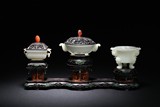 A SET OF THERE WHITE JADE CENSERS WITH ZITAN STAND
