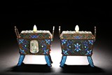 A PAIR OF SILVER ENAMELLED JADEITE INLAID CENSERS