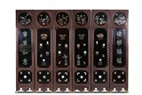 A JADE AND HARDSTONE INLAID LACQUER SIX PANEL SCREEN