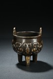A BRONZE SILVER-WIRE TAOTIE TRIPOD CENSER