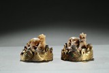 A PAIR OF JADE 'BIXIE' GILT BRONZE INLAID WEIGHTS