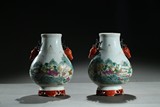 A PAIR OF FAMILLE ROSE LANDSCAPE DEER-HANDLE VASES