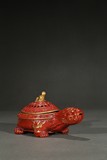 A CORAL RED GLAZED GILT-PAINTED TURTLE WASHER