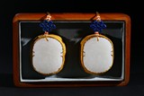 PAIR OF WHITE JADE 'FIGURES POEM' PENDANTS W/ BAMBOO BOX