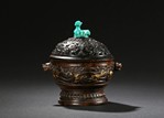 AN AGARWOOD 'MYTHICAL BEASTS' GILT-PAINTED CENSER 
