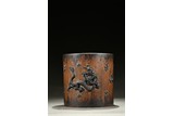 A HUANGHUALI BRONZE DRAGON INLAID BRUSHPOT