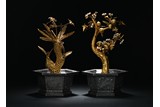 PAIR OF SILVER HEXAGONAL PEARL-ADORNED GILT BONSAI