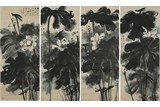 A SET OF FOUR 'LOTUS' COLOR AND INK PAINTINGS 