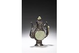 A MONGOLIAN JADE AND GEMS-INLAID SILVER EWER