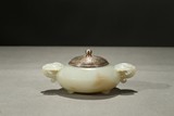 A WHITE JADE TRIPOD CENSER WITH SILVER COVER