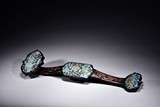 A HARDWOOD RUYI SCEPTER INSET WITH CLOISONNE ENAMEL