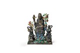 SILVER ENAMEL AND HARDSTONE GUANYIN FIGURAL GROUP