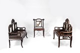 A SET OF THREE ROSEWOOD MARBLE BENCHES AND CHAIR
