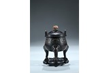 AN AGARWOOD CARVED TRIPOD CENSER WITH ZITAN STAND