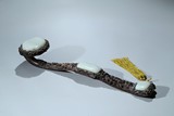 A ZITAN CARVED WHITE JADE INLAID POEM INSCRIBED RUYI SCEPTER