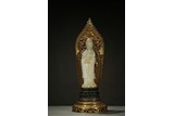 A JADE GUANYIN W/ GILT-BRONZE GEMS INLAID STAND