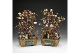 A PAIR OF JADE AND HARDSTONE TREES IN GILT ENAMEL JARDINIERES