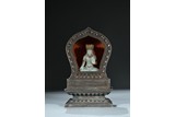 A RARE SILVER AND KESI INSCRIBED SHRINE WITH WHITE JADE BODHISATTVA