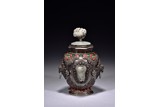 A SILVER WHITE JADE AND CORAL INLAID VASE