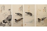 SET OF FOUR COLOR AND INK ON PAPER 'DUCK' PAINTING