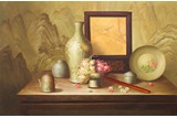 A FRAMED OIL ON CANVAS ‘STILL LIFE’ PAINTING