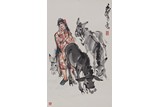 HUANG ZHOU: COLOR AND INK ON PAPER 'LADY AND DONKEY' PAINTING