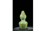 A CHINESE GREEN AND YELLOW GLAZED DOUBLE GOURD VASE