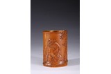 A BAMBOO CARVED 'ZHONGKUI' BRUSHPOT