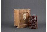 A BAMBOO CARVED 'FIGURE' BRUSHPOT