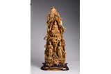 A VERY LARGE AGARWOOD CARVING OF THREE BODHISATTVA