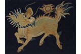 AN EMBROIDERED QILIN BLUE GROUND SILK PANEL