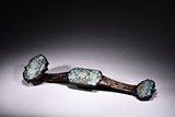 A HUANGHUALI WOOD RUYI SCEPTER INSET WITH CLOISONNE ENAMEL