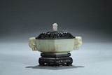 A JADE CARVED HEXAGONAL 'TAOTIE' CENSER