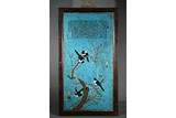 A ZITAN FRAME CLOISONNE ENAMEL 'MAGPIE' INSCRIBED HANGING PANEL