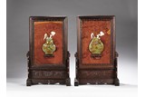 A PAIR OF ROSEWOOD JADE INLAID SCREEN PANELS
