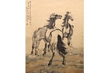 AN INK ON PAPER 'THREE HORSES' PAINTING