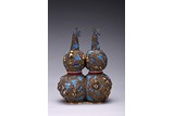 A RARE FILIGREE AND KINGFISHER FEATHER INLAID DOUBLE GOURD VASE