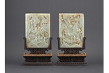 A PAIR OF WHITE JADE 'LANDSCAPE' RECTANGULAR TABLE SCREENS