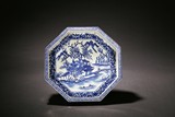 AN OCTAGONAL BLUE AND WHITE LANDSCAPE DISH