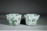 A PAIR OF FAMILLE ROSE 'FLOWERS' HEXAGONAL JARDINIERES