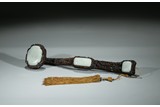 A ZITAN CARVED WHITE JADE INLAID POEM INSCRIBED RUYI SCEPTER