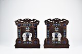 A PAIR OF CLOISONNE ENAMEL INLAID HONGMU 'ELEPHANT' TABLE SCREENS 