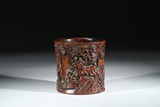 A ROSEWOOD CARVED 'LANDSCAPE' BRUSHPOT