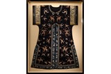 A FRAMED DARK BLUE GROUND 'BUTTERFLIES' SILK INFORMAL ROBE 