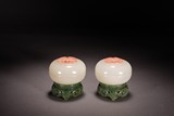 A PAIR OF SMALL WHITE JADE INK PASTE BOXES WITH STAND