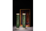 A PAIR OF GREEN JADE 'FIGURES' INCENSE HOLDERS