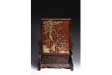 A FINE QIYANG STONE CARVED 'FLOWERS' TABLE SCREEN 
