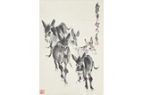 HUANG ZHOU: INK ON PAPER 'DONKEYS' PAINTING 
